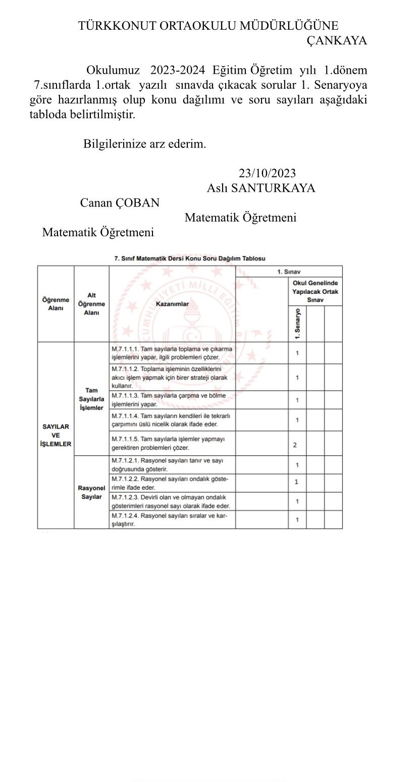 Ortak Sınavlarda Kullanılacak Konu-Soru Dağılım Tabloları - Türkkonut ...